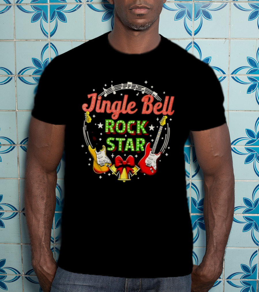 Jingle Bell Rock Star Christmas Music Guitar Holiday Bow T-Shirt