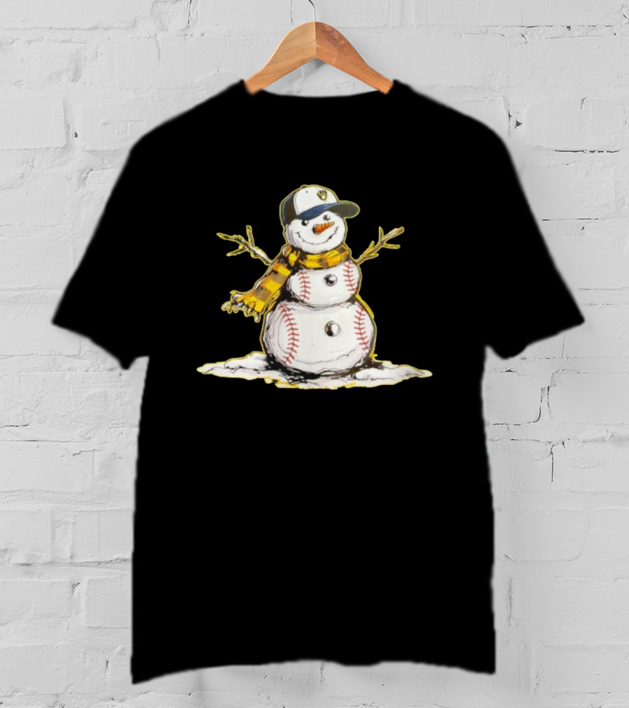 Milwaukee Brewers Baseball Snowman Wearing Cap With Scarf T-Shirt