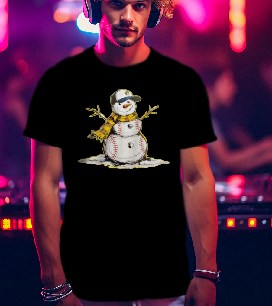 Milwaukee Brewers Baseball Snowman Wearing Cap With Scarf T-Shirt
