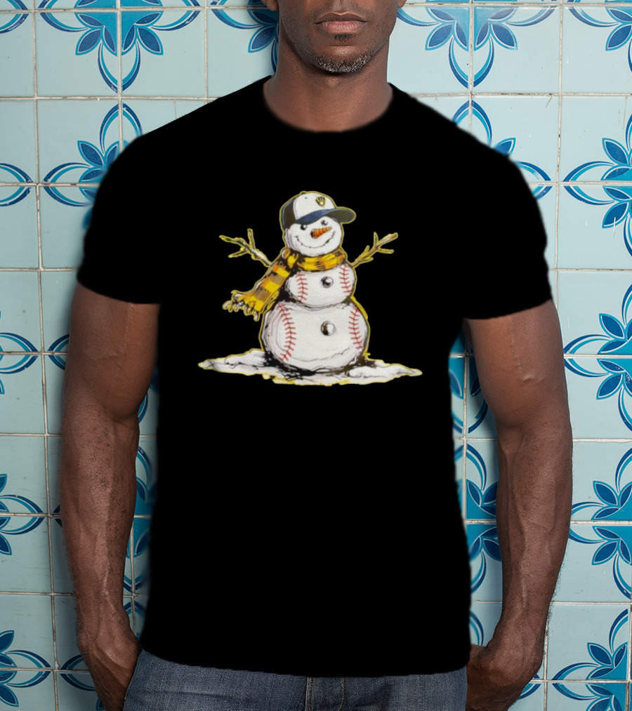 Milwaukee Brewers Baseball Snowman Wearing Cap With Scarf T-Shirt