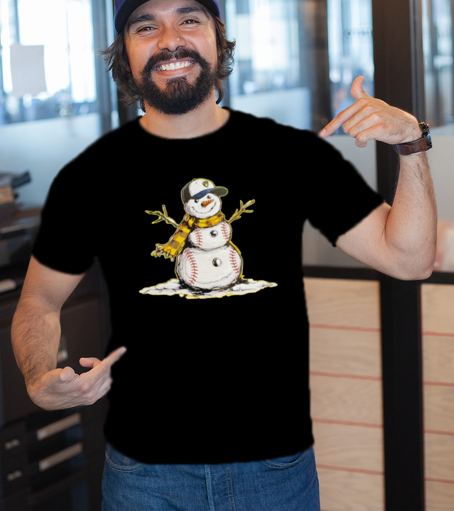 Milwaukee Brewers Baseball Snowman Wearing Cap With Scarf T-Shirt