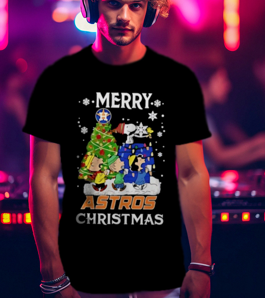 Merry Astros Christmas Snoopy And Friends Holiday Baseball Celebration T-Shirt