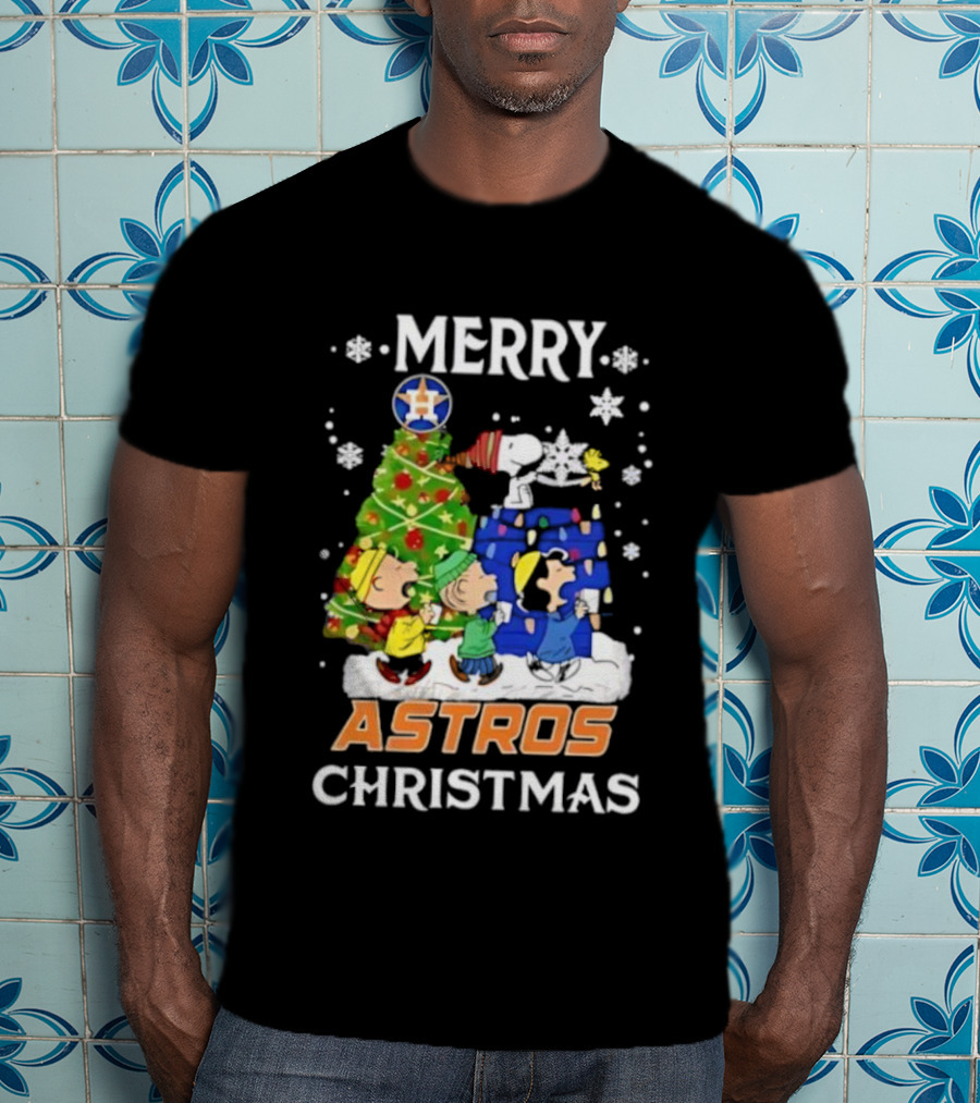 Merry Astros Christmas Snoopy And Friends Holiday Baseball Celebration T-Shirt