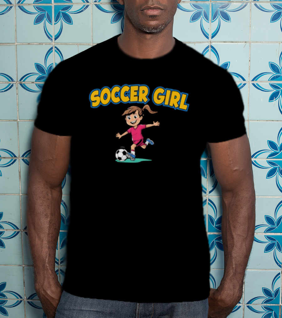 Soccer Girl Funny Cartoon Kid In Red With Soccer Ball T-Shirt