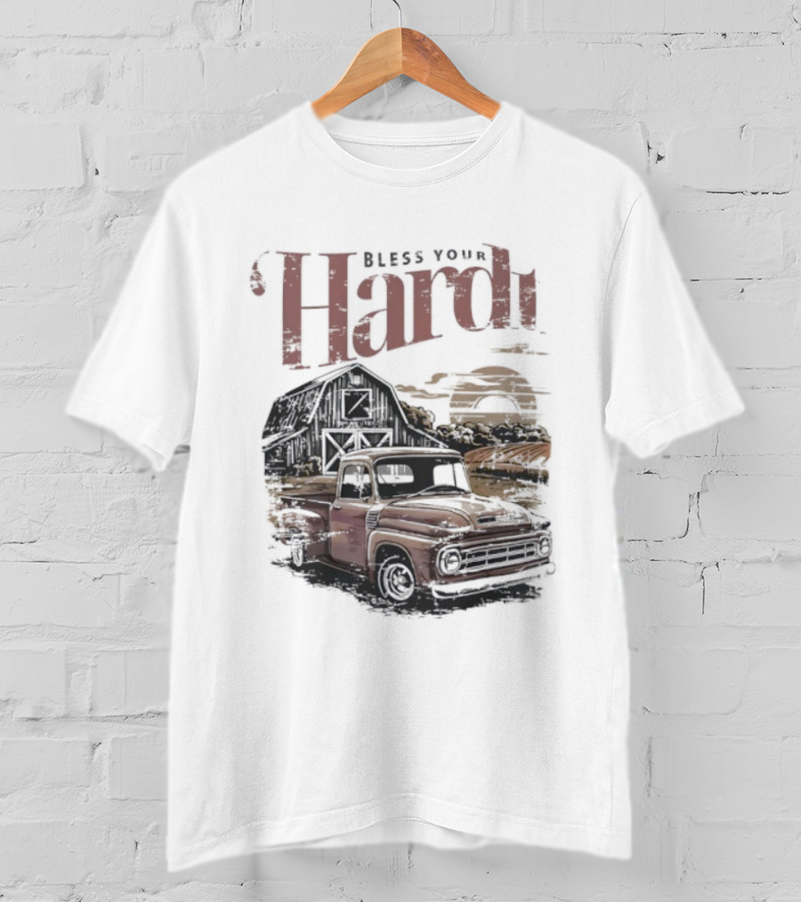 Bless Your Hardt Vintage Truck Barn Sunset Scene T-Shirt