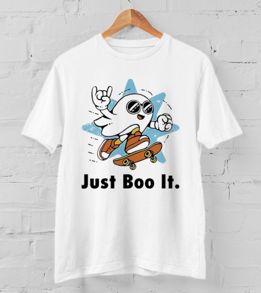 Ghost Skateboarding Just Boo It Halloween Cartoon Fun T-Shirt