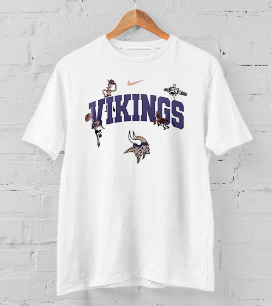 Nike Minnesota Vikings Toy Story Collaboration With Woody, Buzz Lightyear, And Mr. Potato Head T-Shirt