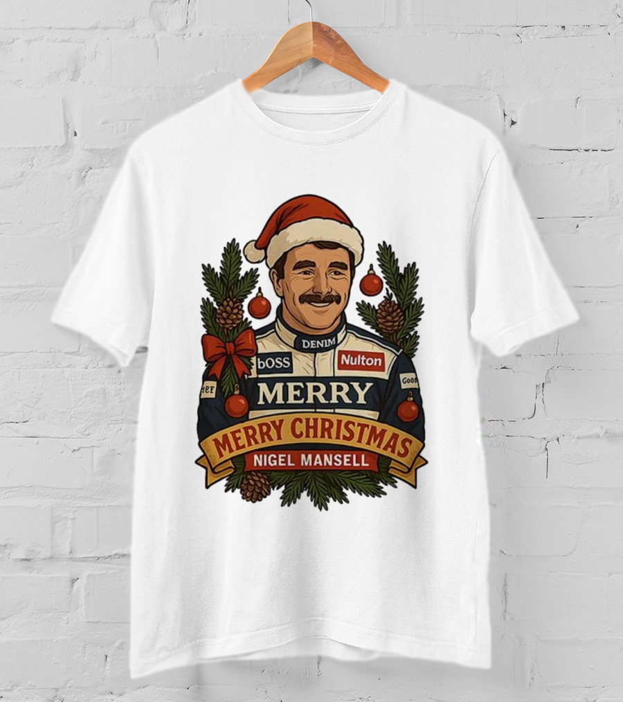 Nigel Mansell Merry Christmas Boss Denim Nulton Goodyear Racing Santa Hat Pinecones T-Shirt