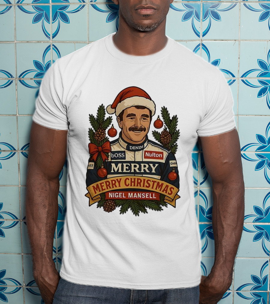 Nigel Mansell Merry Christmas Boss Denim Nulton Goodyear Racing Santa Hat Pinecones T-Shirt