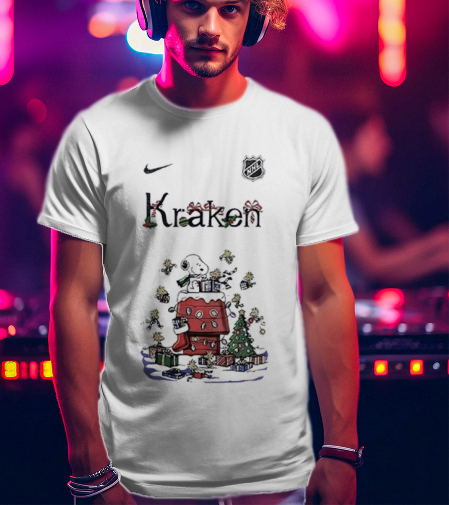 Nike Snoopy Christmas Seattle Kraken Peanuts Holiday Collaboration T-Shirt
