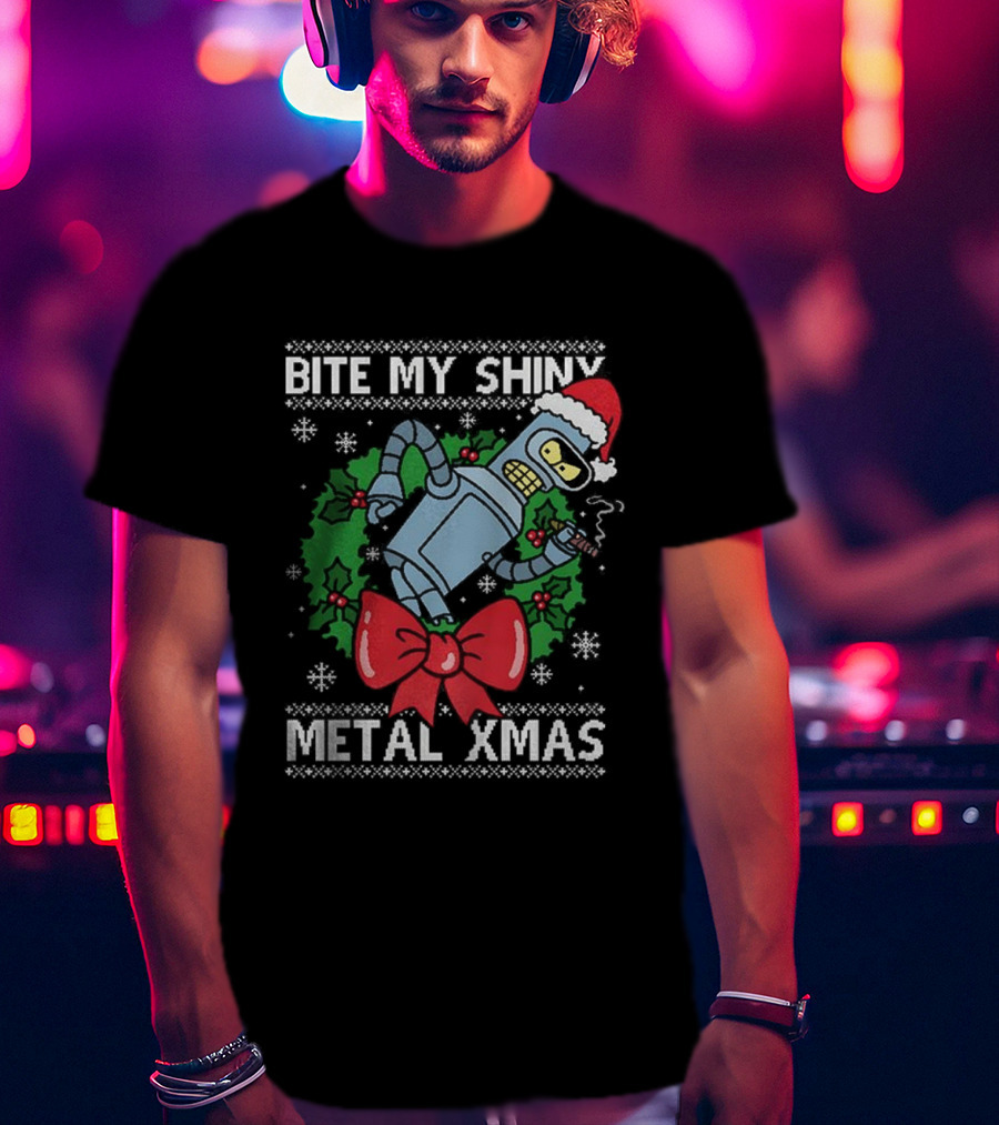 Bite My Shiny Metal Xmas Bender Ugly Christmas T-Shirt