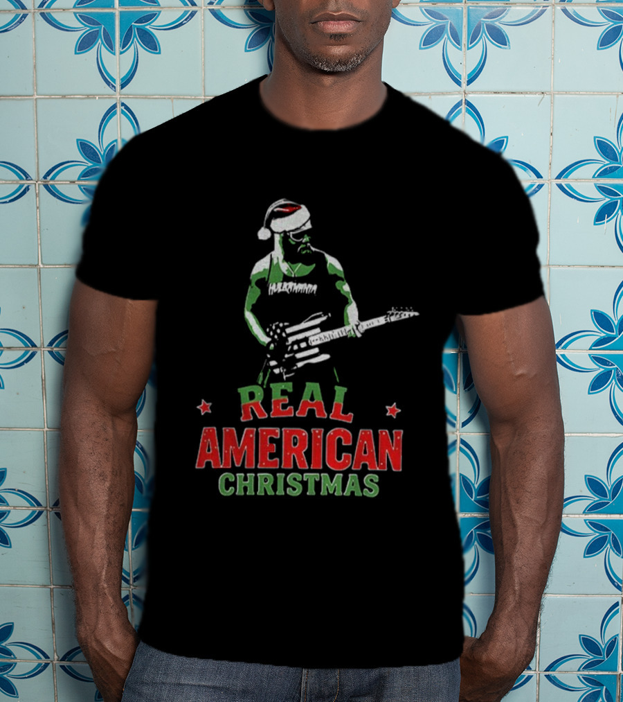 Hulk Hogan Santa Hat Real American Christmas Guitar Holiday T-Shirt