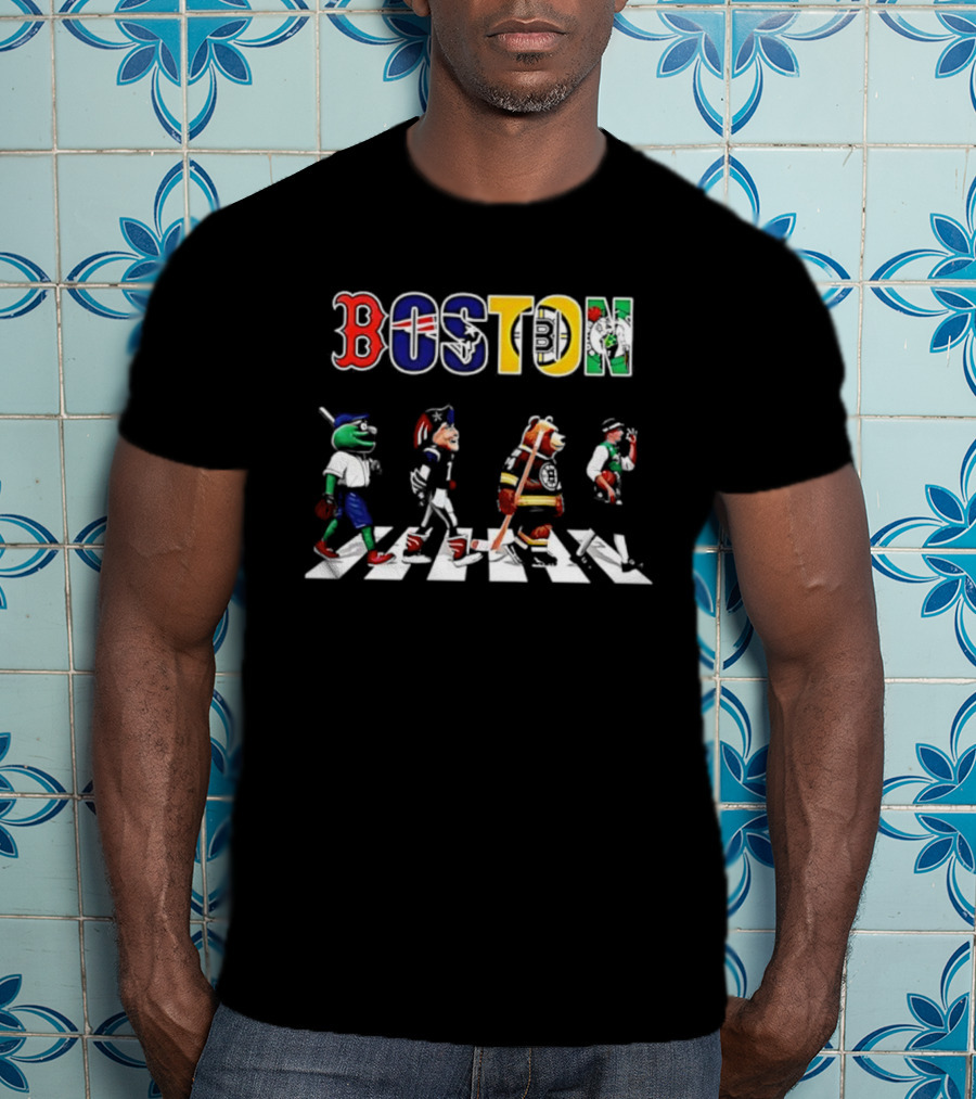 Boston Sports Red Sox Patriots Bruins Celtics Mascots Abbey Road T-Shirt