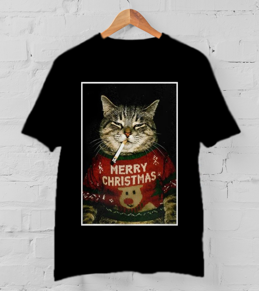 Merry Christmas Smoking Cat Funny Holiday Sweater Meme T-Shirt
