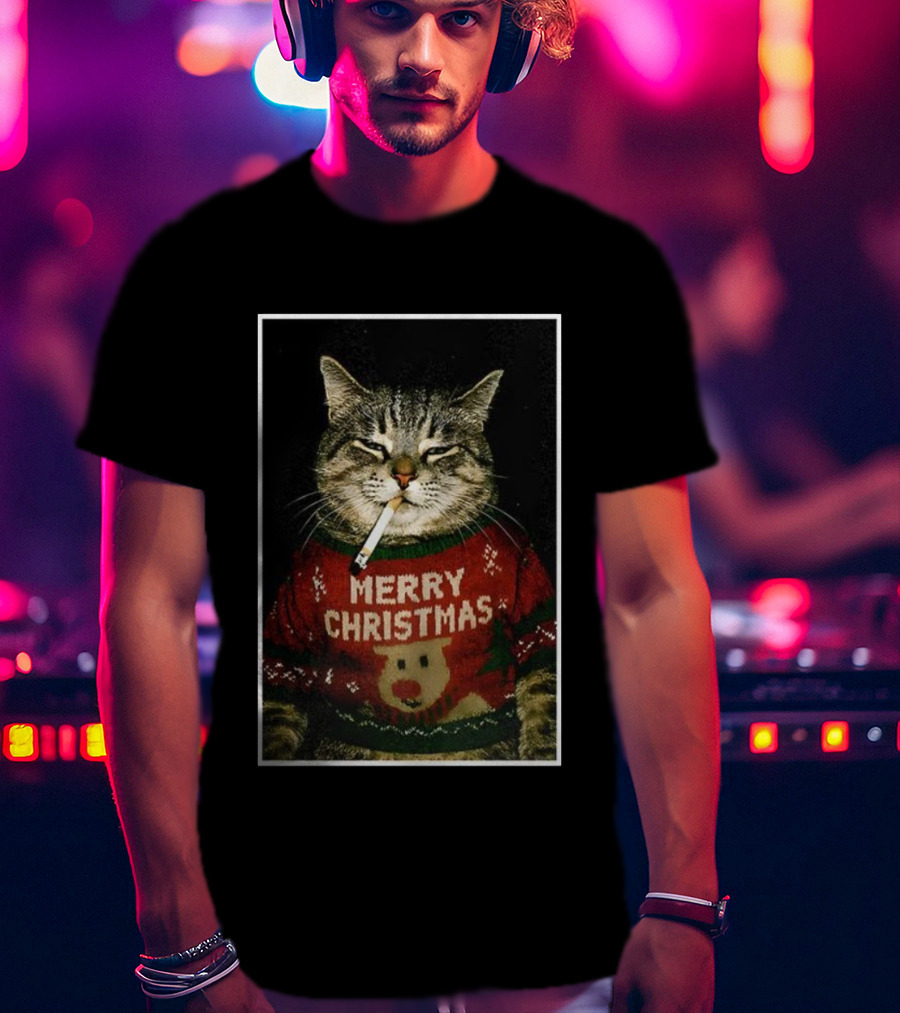 Merry Christmas Smoking Cat Funny Holiday Sweater Meme T-Shirt