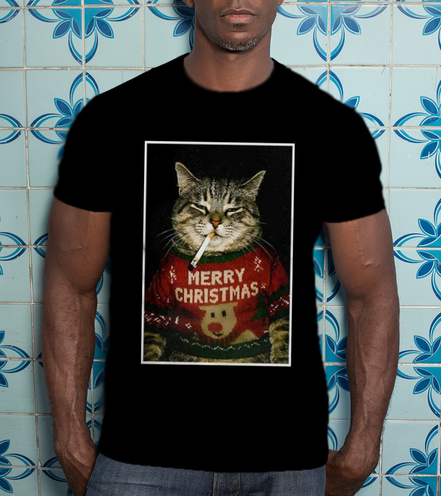 Merry Christmas Smoking Cat Funny Holiday Sweater Meme T-Shirt