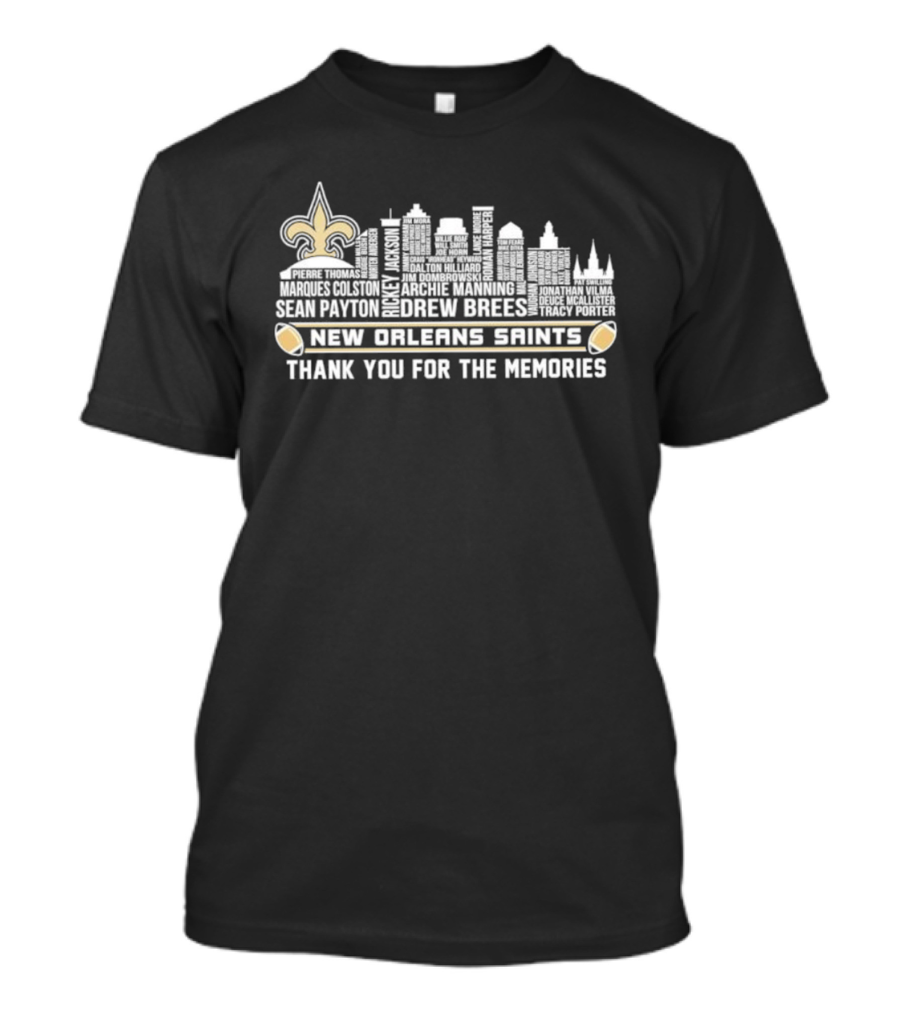 New Orleans Saints Sean Payton Drew Brees Thank You For The Memories NFL Skyline T-Shirt
