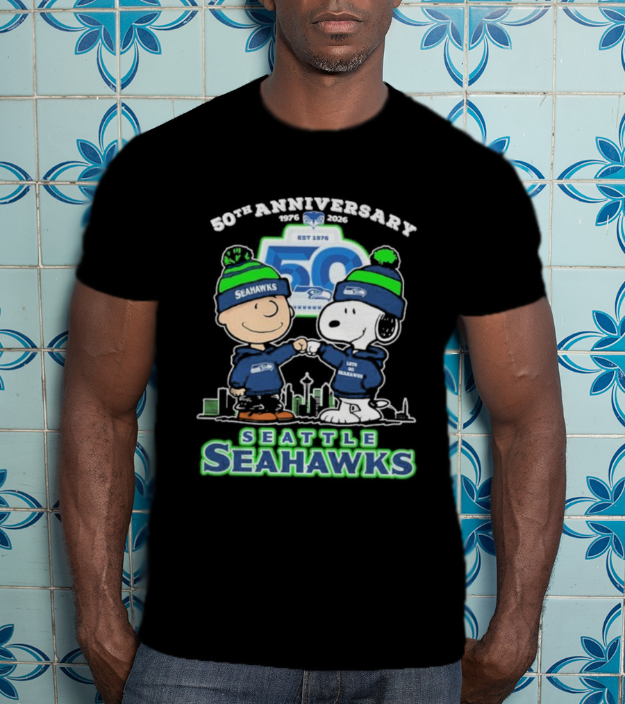 Snoopy Charlie Brown Peanuts Seattle Seahawks 50th Anniversary 1976-2025 T-Shirt
