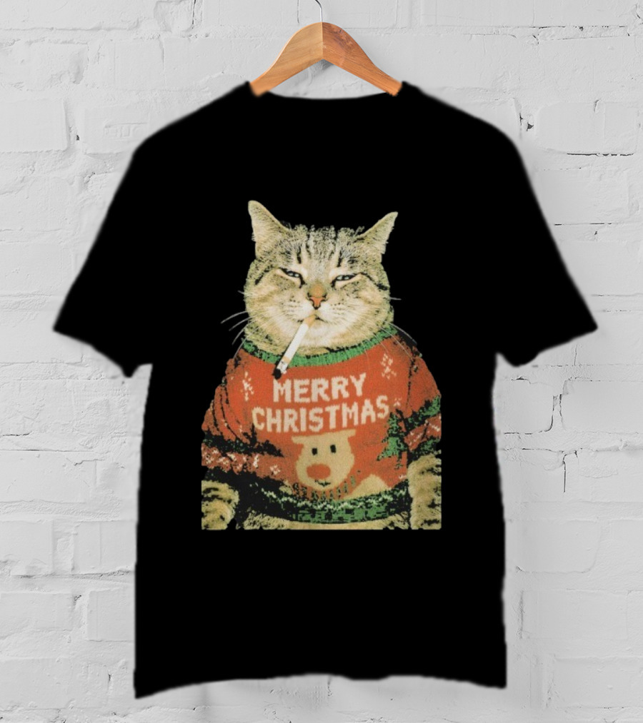 Merry Christmas Cat Sweater Smoking Cat Holiday Bear T-Shirt