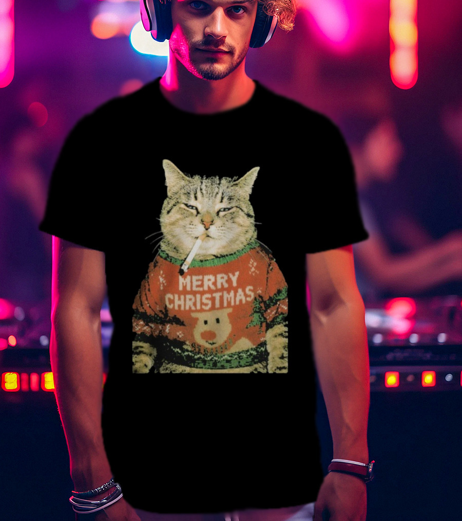 Merry Christmas Cat Sweater Smoking Cat Holiday Bear T-Shirt