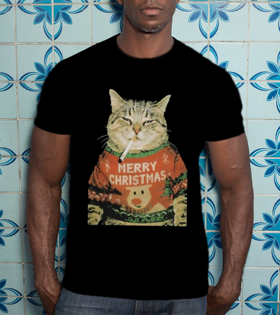 Merry Christmas Cat Sweater Smoking Cat Holiday Bear T-Shirt