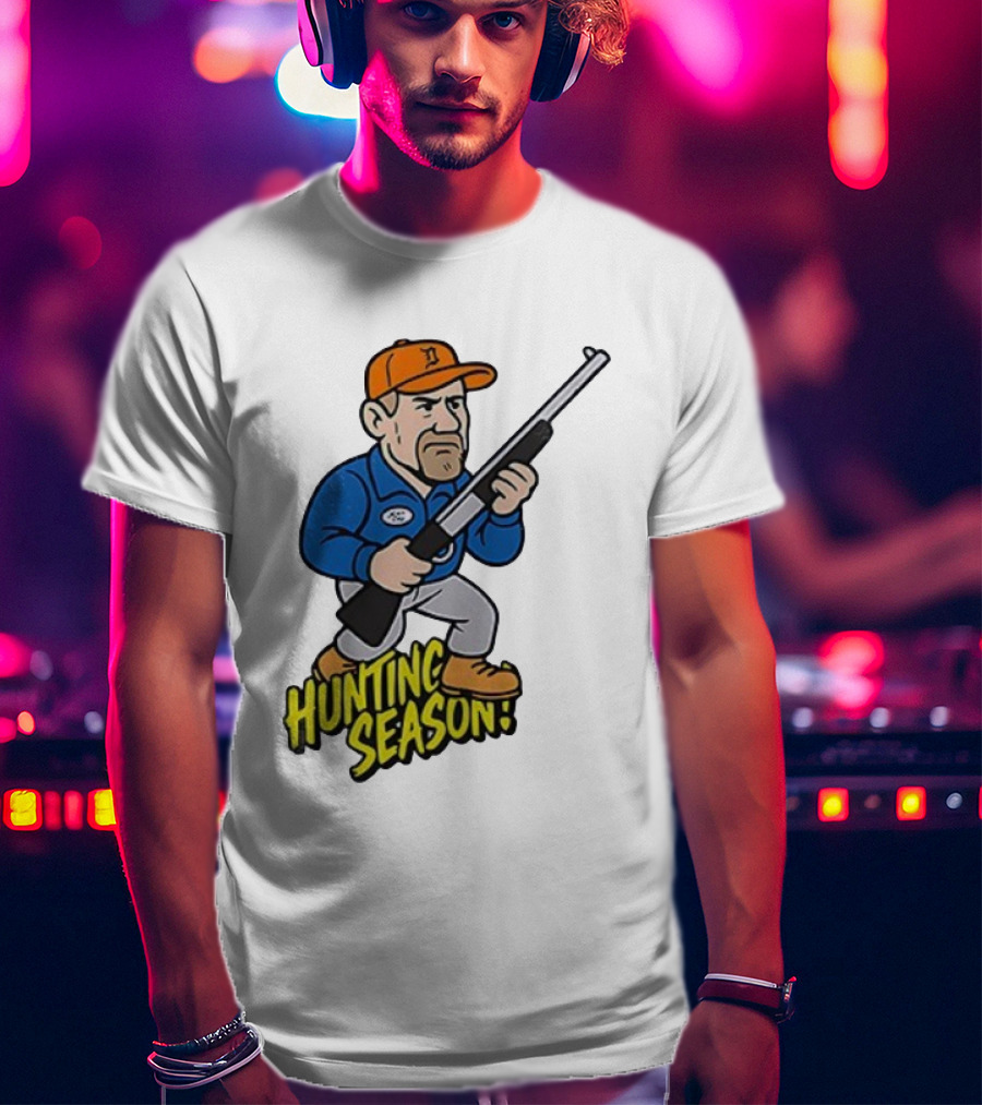 Detroit Lions Hunting Season Cartoon Character With Rifle T-Shirt