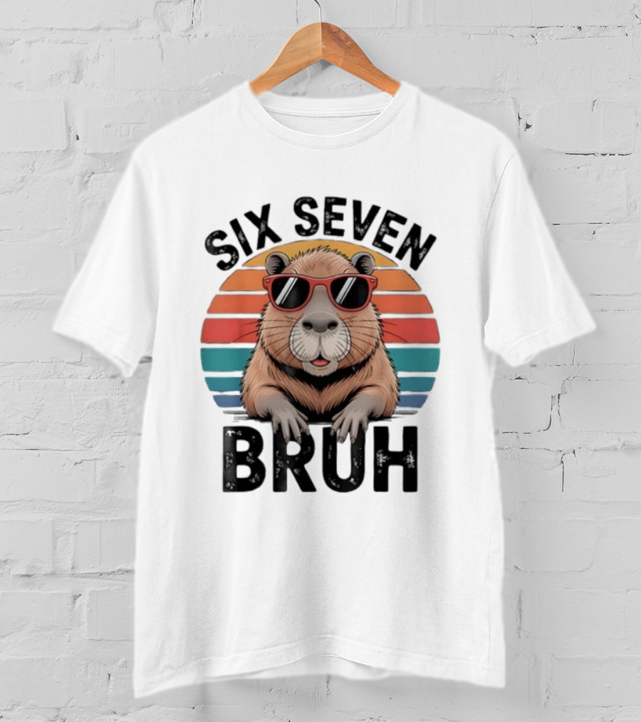 Capybara Sunglasses Meme Sunset Six Seven Bruh Retro T-Shirt
