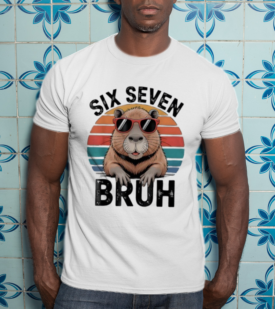 Capybara Sunglasses Meme Sunset Six Seven Bruh Retro T-Shirt