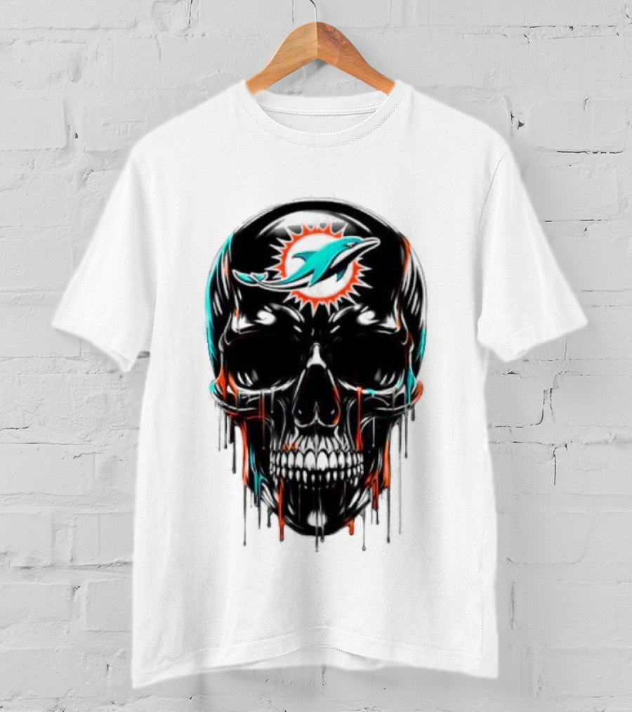 Miami Dolphins Skull Black Art Football Team Skull Fusion T-Shirt