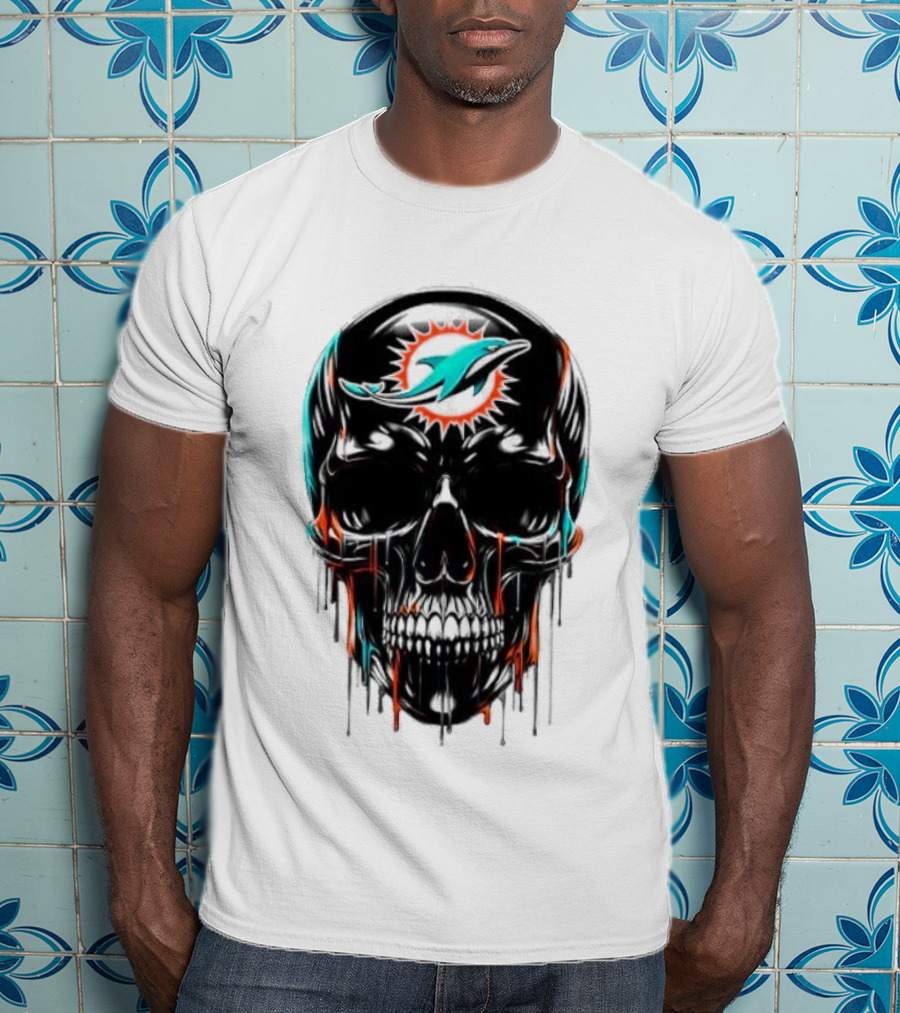 Miami Dolphins Skull Black Art Football Team Skull Fusion T-Shirt
