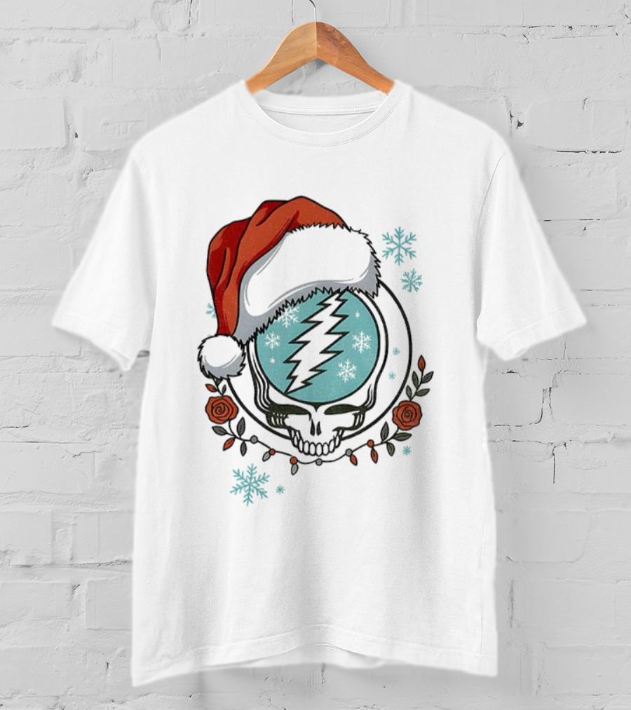Grateful Dead Steal Your Face Santa Hat Christmas Roses Snowflakes T-Shirt