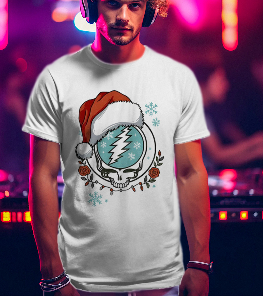 Grateful Dead Steal Your Face Santa Hat Christmas Roses Snowflakes T-Shirt