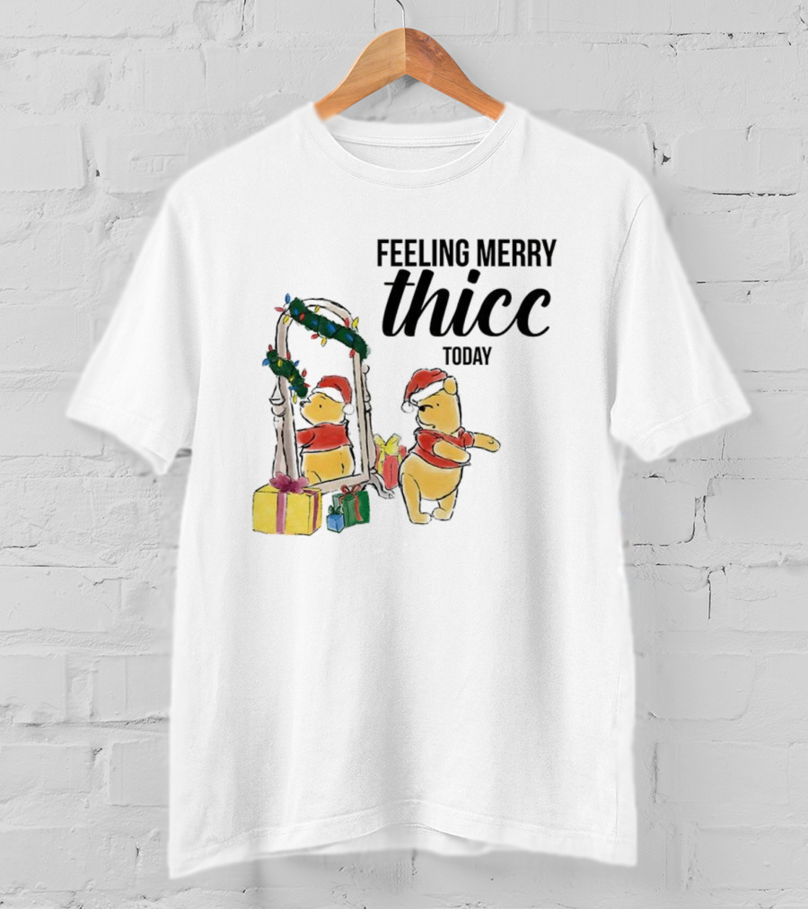 Winnie The Pooh Feeling Merry Thicc Today Christmas Mirror Reflection Holiday Gifts Santa Hat T-Shirt