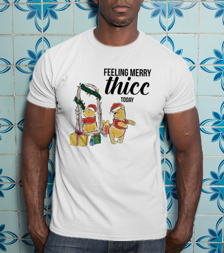 Winnie The Pooh Feeling Merry Thicc Today Christmas Mirror Reflection Holiday Gifts Santa Hat T-Shirt