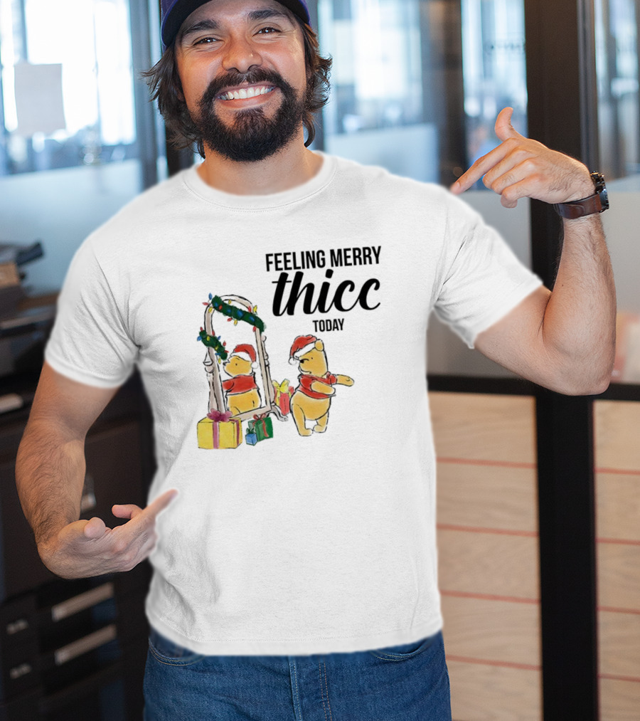 Winnie The Pooh Feeling Merry Thicc Today Christmas Mirror Reflection Holiday Gifts Santa Hat T-Shirt