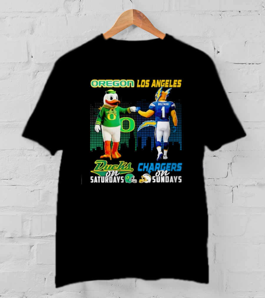 Oregon Ducks Saturdays Los Angeles Chargers Sundays Mascot Matchup T-Shirt