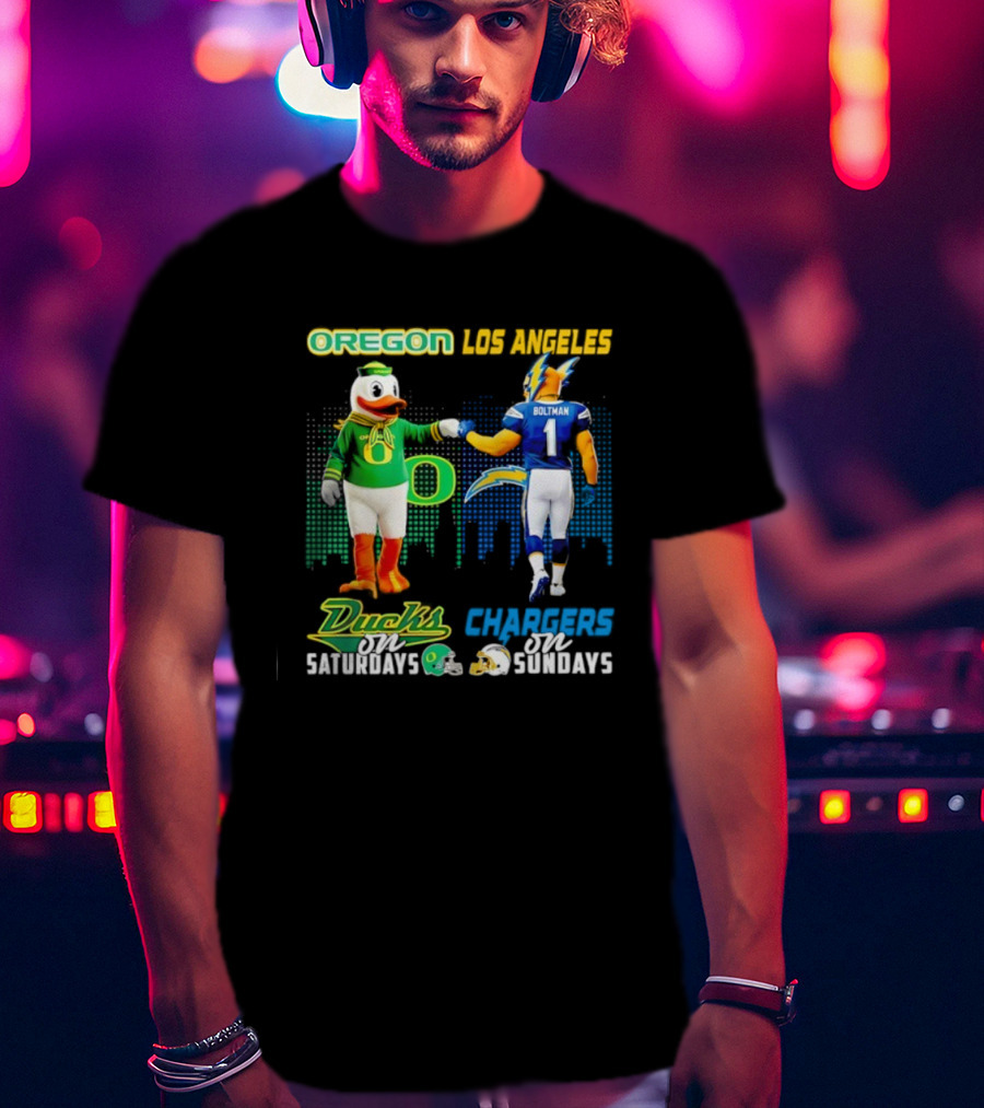 Oregon Ducks Saturdays Los Angeles Chargers Sundays Mascot Matchup T-Shirt