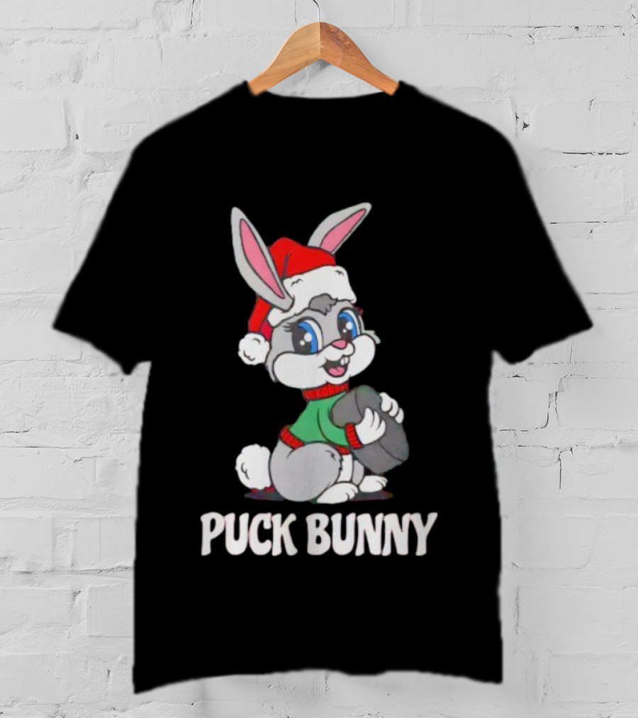 Puck Bunny Christmas Festive Holiday Hockey Rabbit In Santa Hat T-Shirt