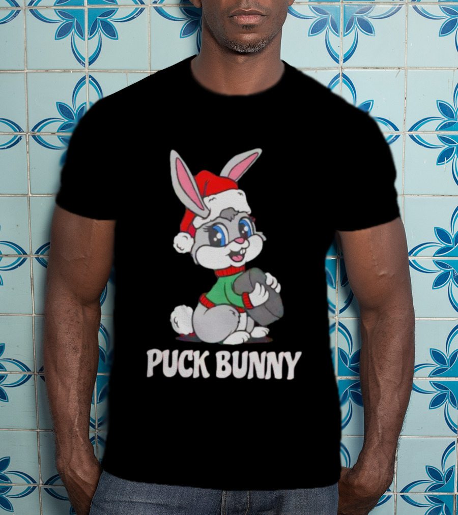 Puck Bunny Christmas Festive Holiday Hockey Rabbit In Santa Hat T-Shirt