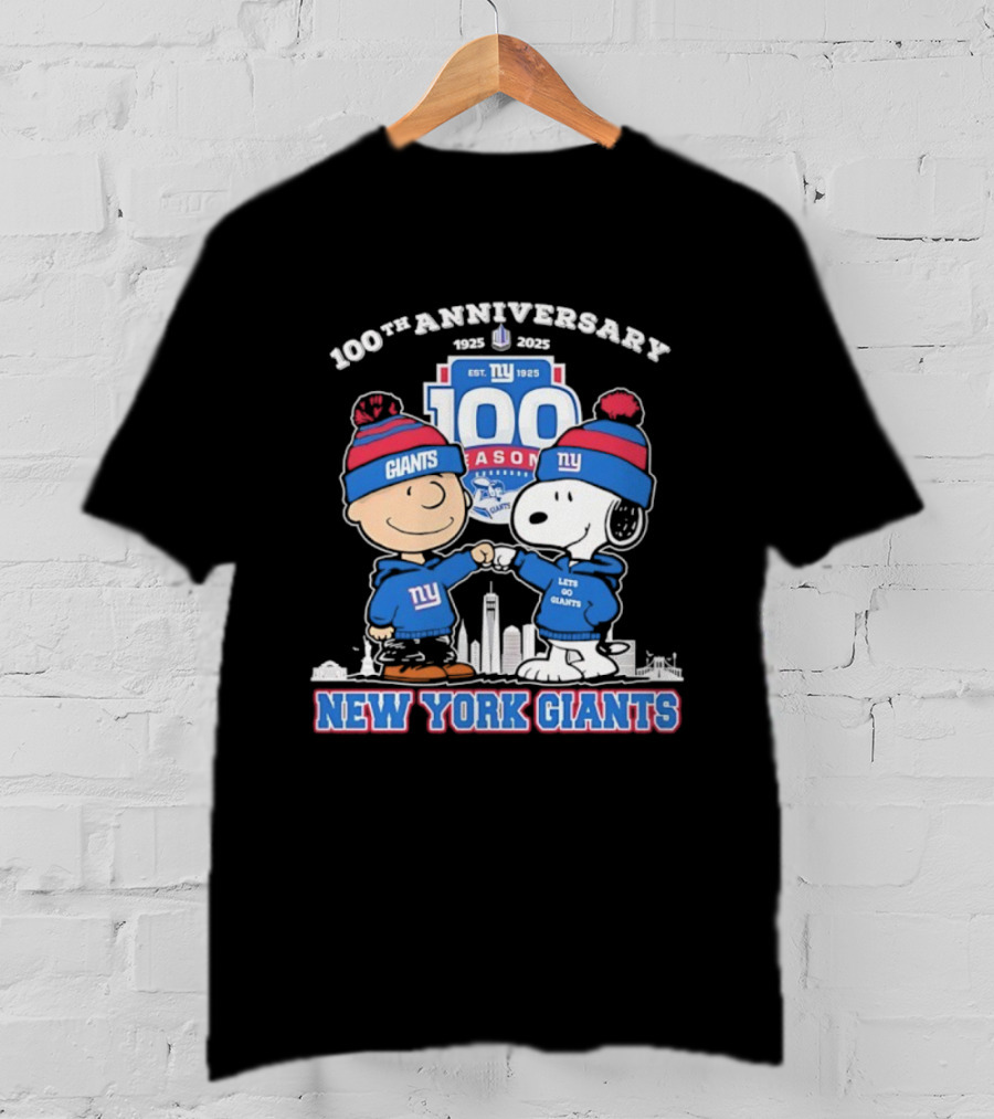 Snoopy And Charlie Brown New York Giants 100th Anniversary 1925 To 2025 T-Shirt