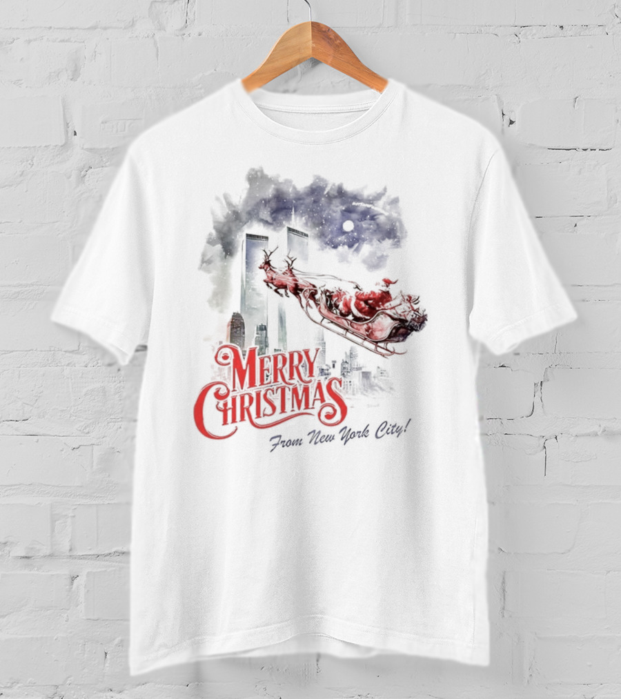 Merry Christmas From New York City Santa And Twin Towers 9 11 Caricature T-Shirt
