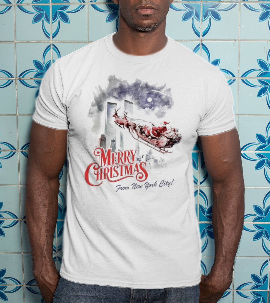 Merry Christmas From New York City Santa And Twin Towers 9 11 Caricature T-Shirt