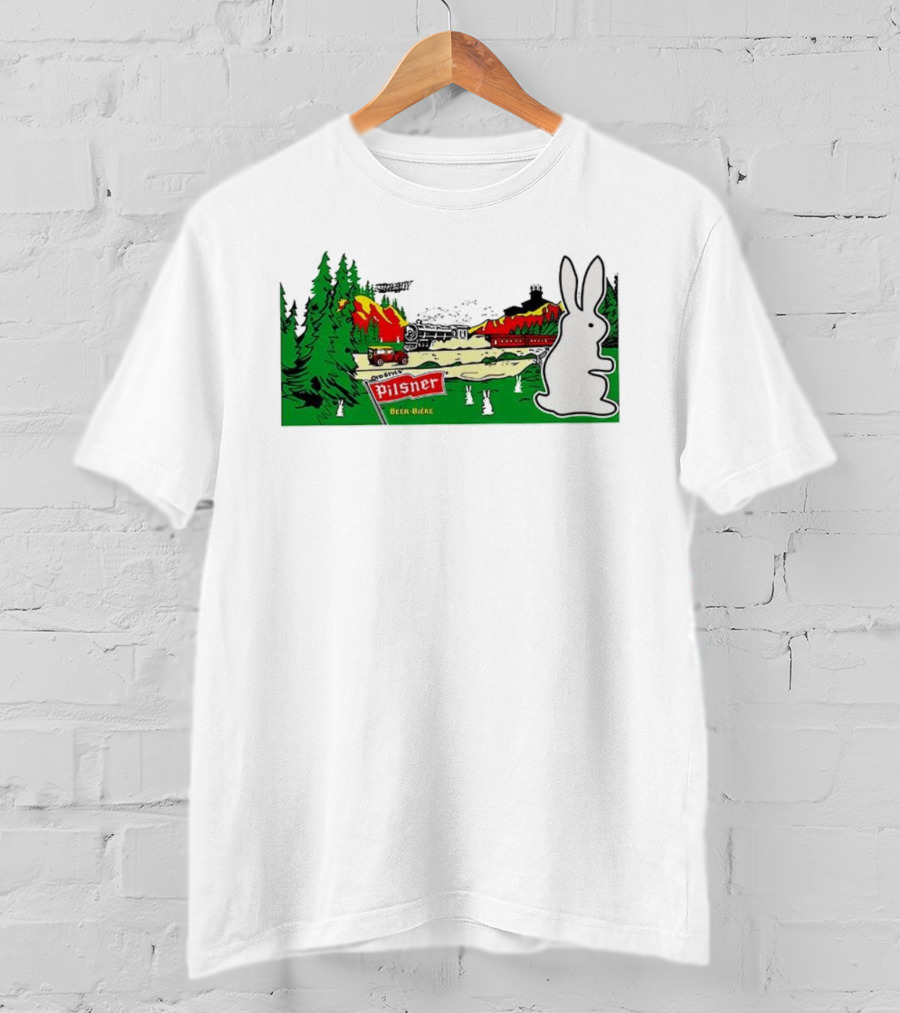 Old Style Pilsner Beer Bière Vintage Cartoon Rabbit Forest Scene T-Shirt