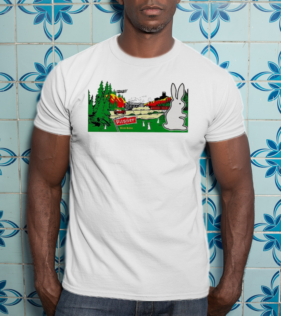 Old Style Pilsner Beer Bière Vintage Cartoon Rabbit Forest Scene T-Shirt