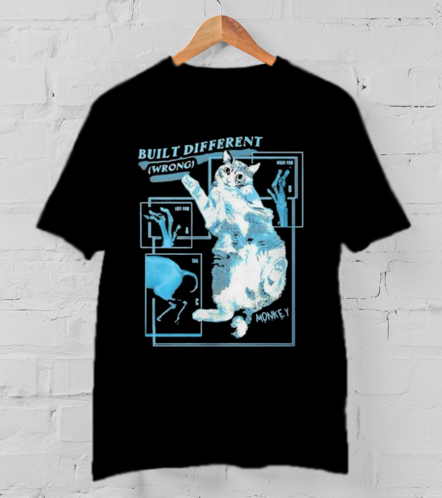 Built Different Wrong Monkey Cat Blueprint Diagram T-Shirt