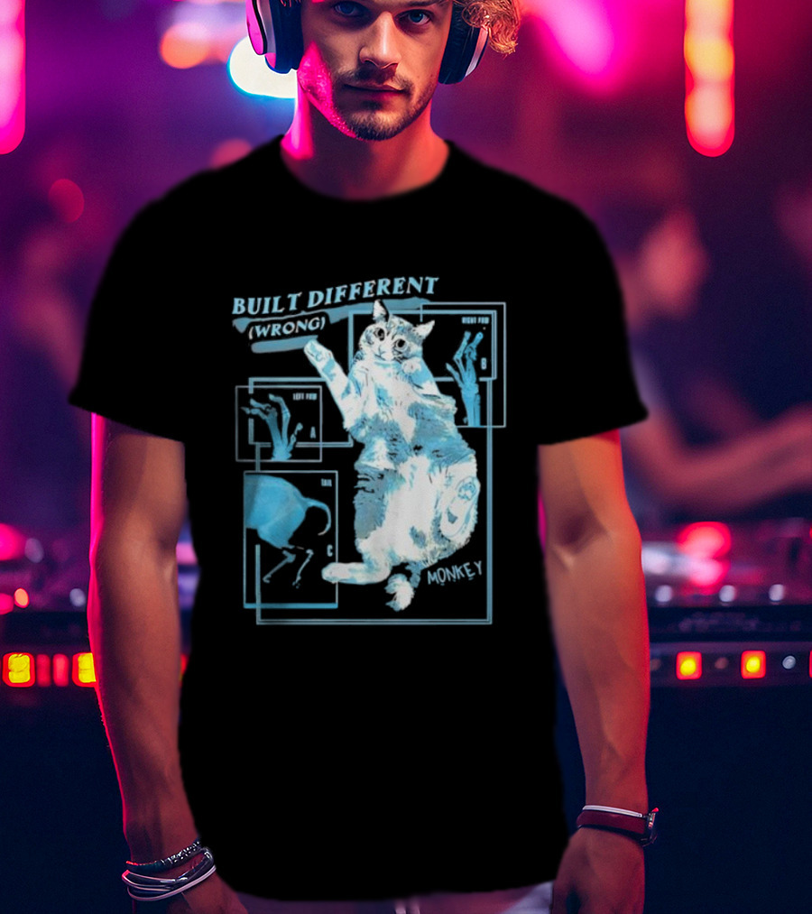 Built Different Wrong Monkey Cat Blueprint Diagram T-Shirt