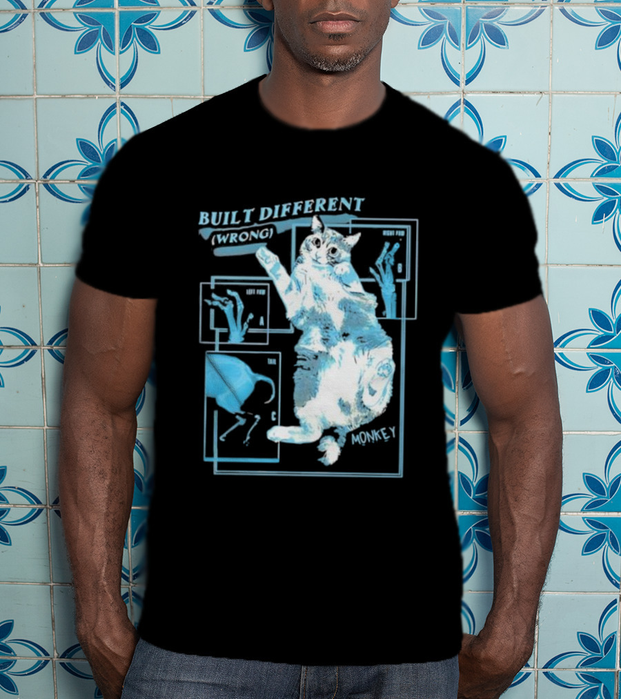 Built Different Wrong Monkey Cat Blueprint Diagram T-Shirt