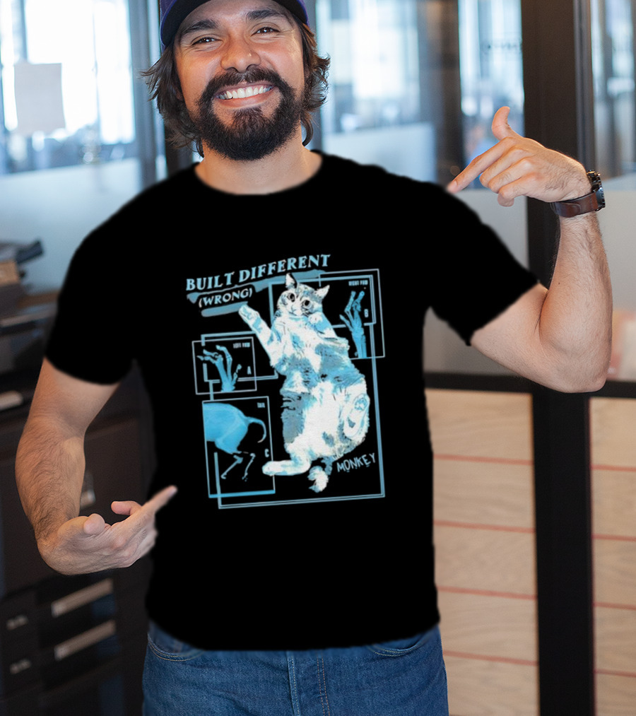 Built Different Wrong Monkey Cat Blueprint Diagram T-Shirt