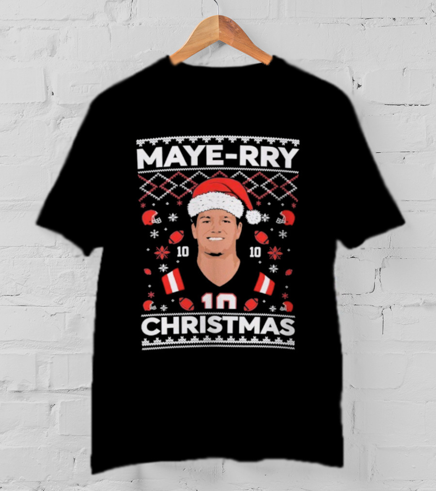 Maye-rry Christmas 10 Football Santa Hat T-Shirt