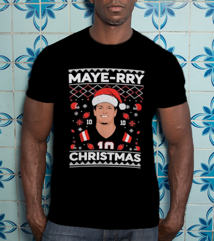Maye-rry Christmas 10 Football Santa Hat T-Shirt